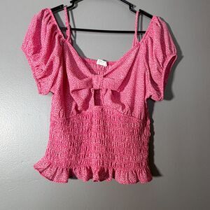 Sienna Sky Top Large Pink Smocked Puff Sleeve Crop Boho Cottagecore